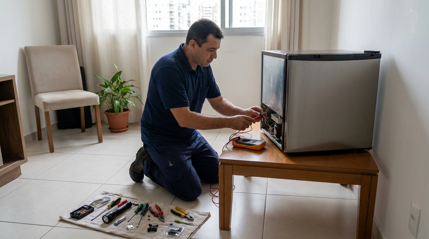 Técnico realizando manutenção de motor de frigobar em Bauru‑SP