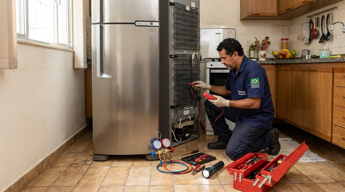 Técnico realizando manutenção de motor de geladeira em Bauru‑SP