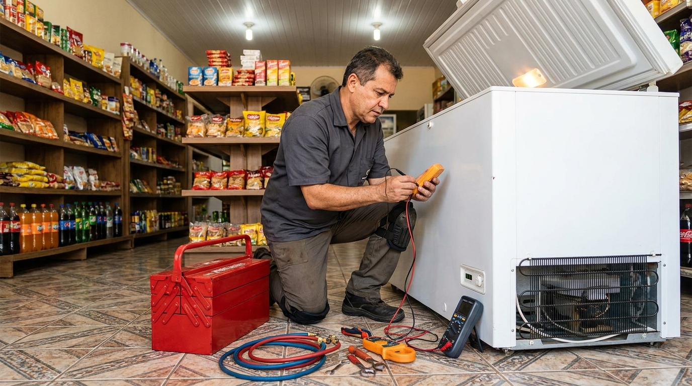 Recarga de gás refrigerante em freezer em atendimento em Bauru‑SP